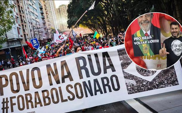 Ato contra Jair Bolsonaro e, no círculo, o militante Marcelo Arruda, assassinado por bolsonarista em Foz do Iguaçu (PR)