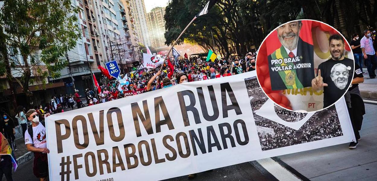 Ato contra Jair Bolsonaro e, no círculo, o militante Marcelo Arruda, assassinado por bolsonarista em Foz do Iguaçu (PR)