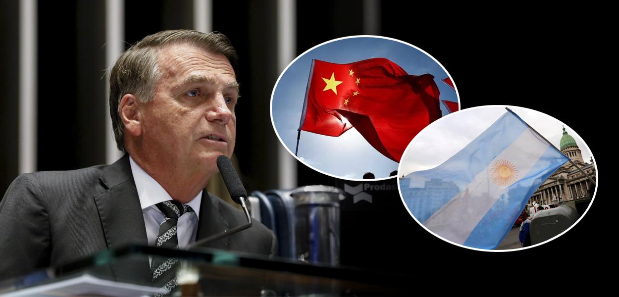 Jair Bolsonaro e bandeiras da China e Argentina