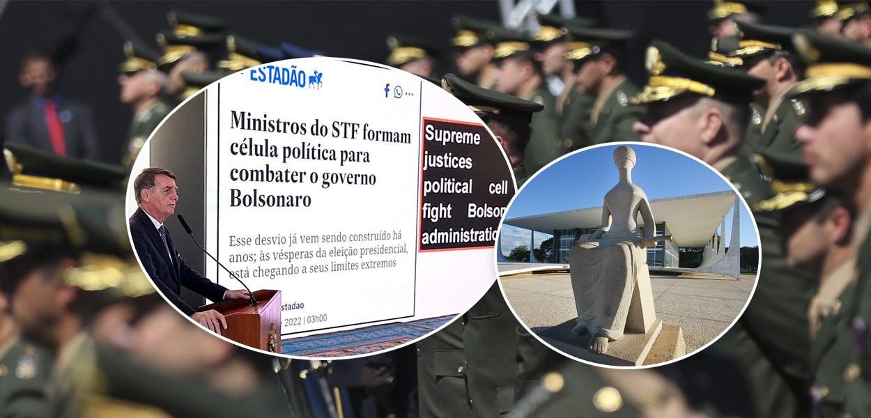 Bolsonaro em encontro com embaixadores, fachada do STF e militares