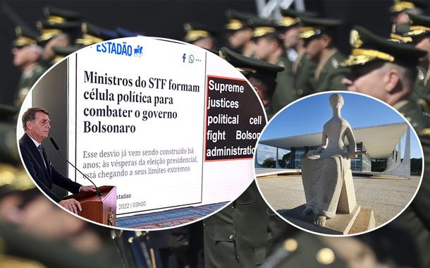Bolsonaro em encontro com embaixadores, fachada do STF e militares