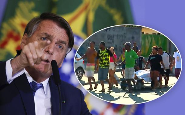 Bolsonaro e moradores carregando corpos