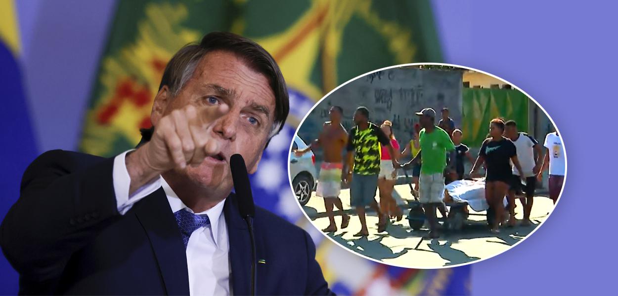 Bolsonaro e moradores carregando corpos