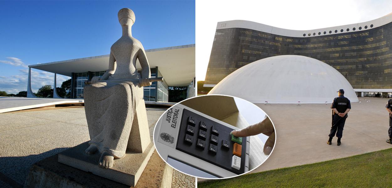 Fachada do STF, urna eletrônica e fachada do TSE