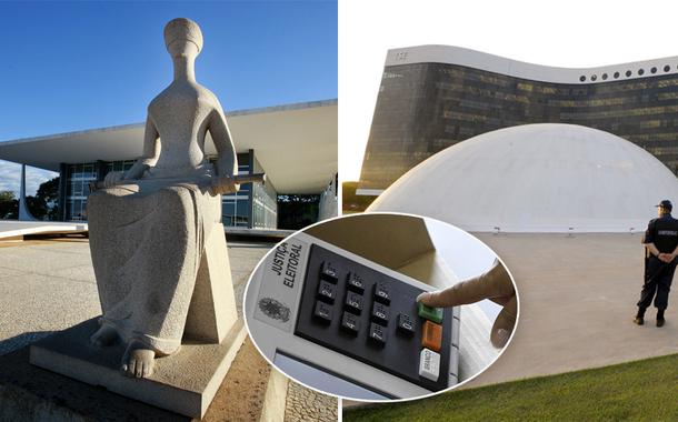 Fachada do STF, urna eletrônica e fachada do TSE
