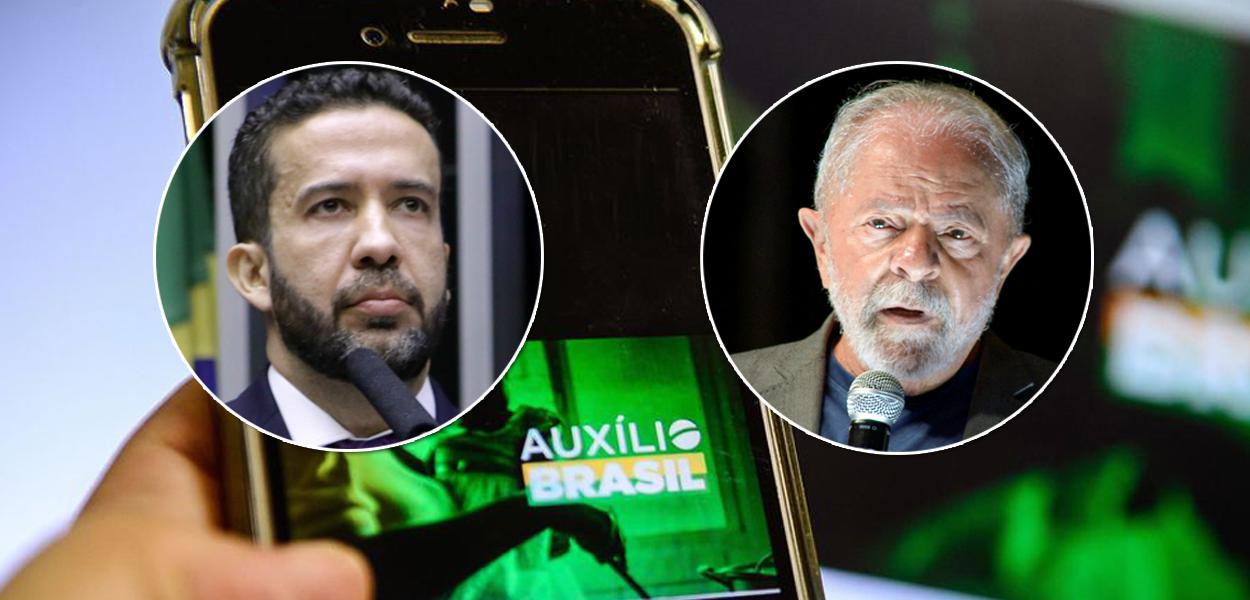 André Janones, Auxílio Brasil (ao fundo) e o ex-presidente Luiz Inácio Lula da Silva