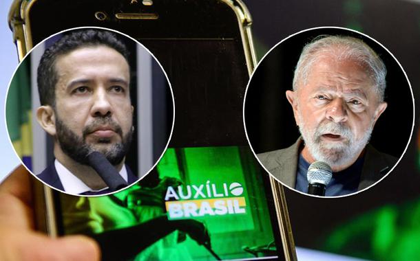 André Janones, Auxílio Brasil (ao fundo) e o ex-presidente Luiz Inácio Lula da Silva