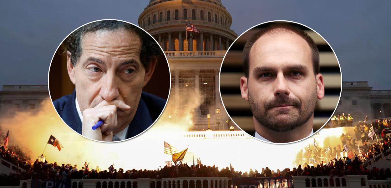 Jamie Raskin e Eduardo Bolsonaro mais o Capitólio ao fundo