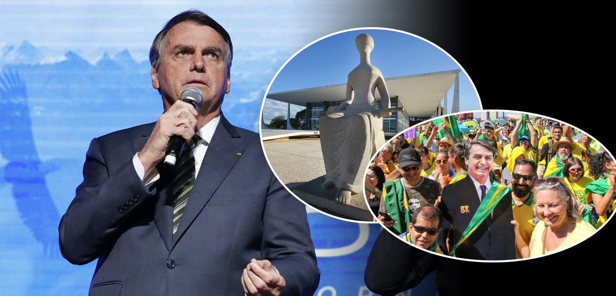 Jair Bolsonaro, fachada do STF e manifestação a favor de Bolsonaro