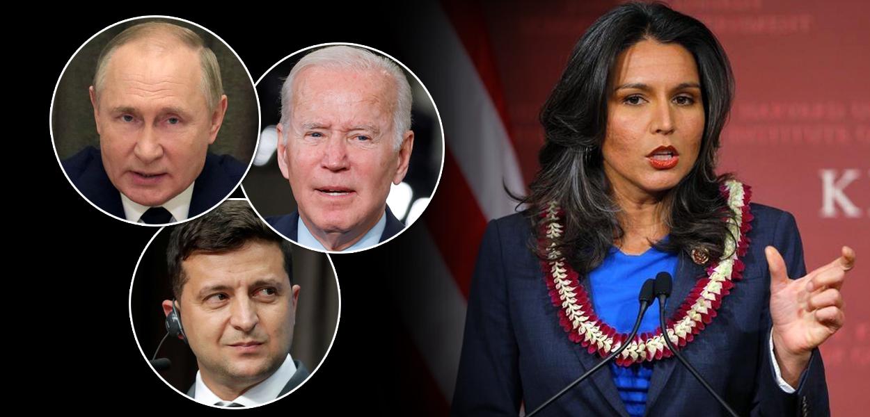 Presidentes Vladimir Putin (Rússia, em cima, à esq.), Joe Biden (EUA, em cima), Volodymyr Zelensky (embaixo) e Tulsi Gabbard