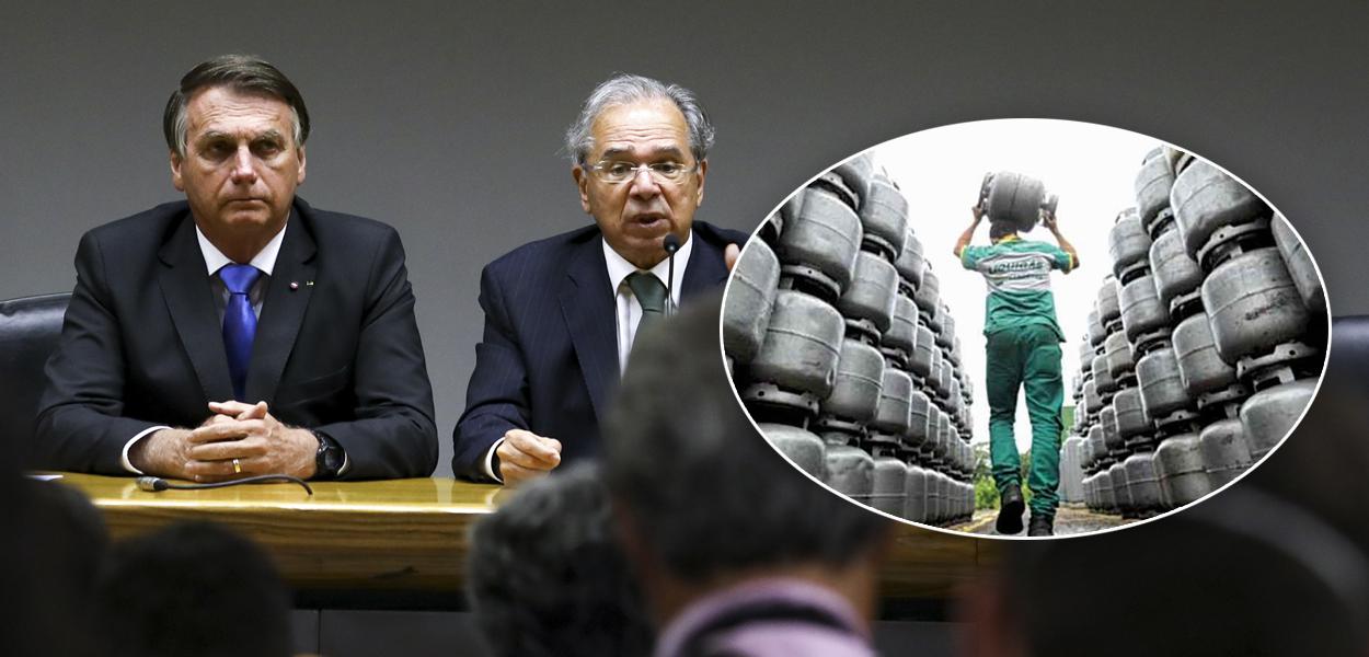 Bolsonaro com Paulo Guedes e funcionário carregando botijão de gás