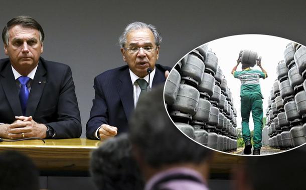 Bolsonaro com Paulo Guedes e funcionário carregando botijão de gás