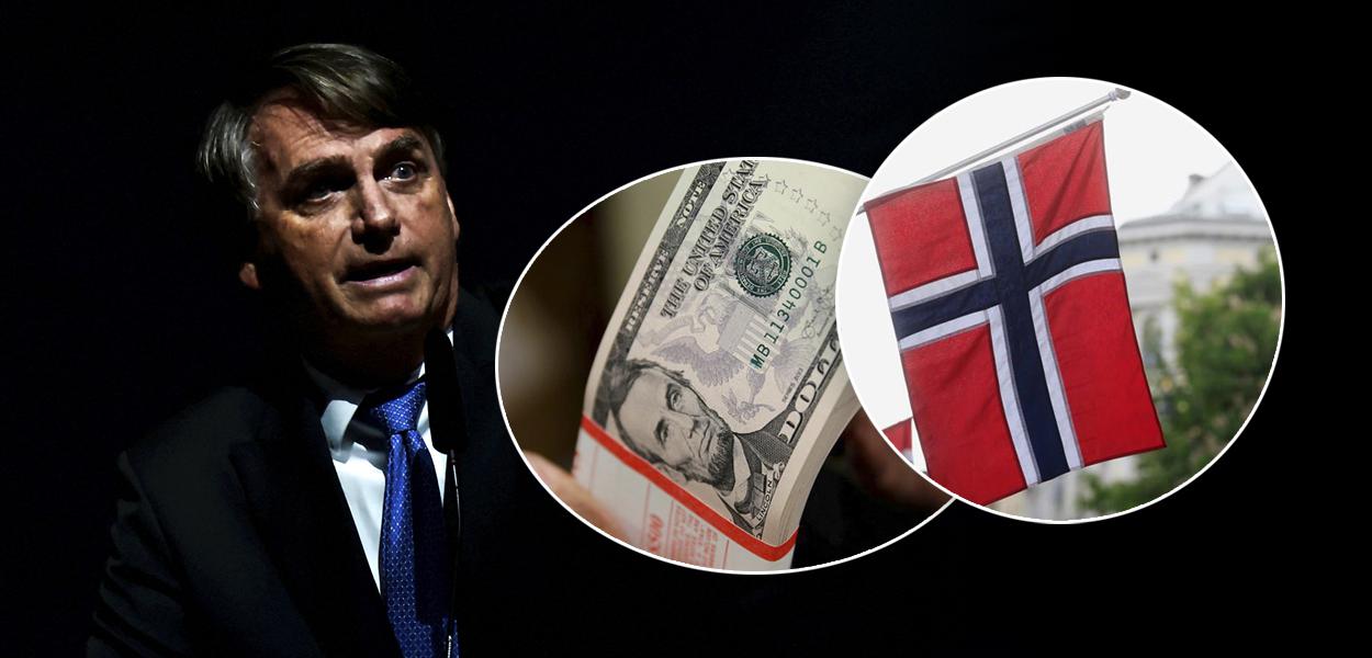 Bolsonaro, notas de dólares e bandeira da Noruega