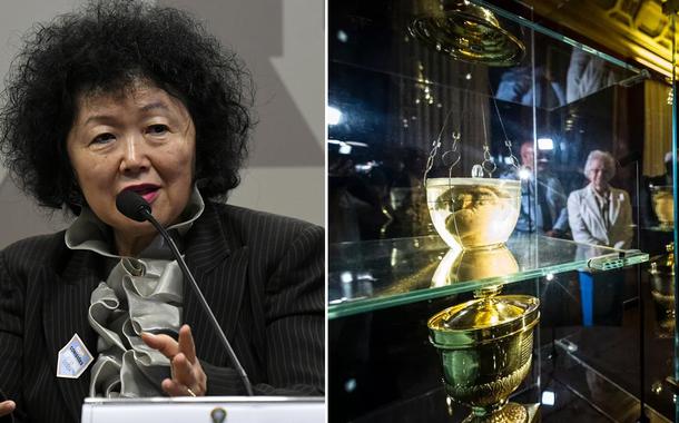 Nise Yamaguchi e coração de D. Pedro I na cidade do Porto, em Portugal