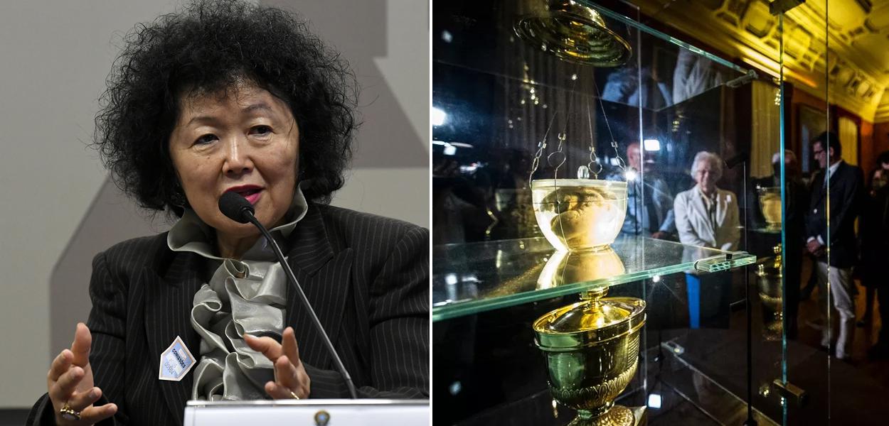 Nise Yamaguchi e coração de D. Pedro I na cidade do Porto, em Portugal