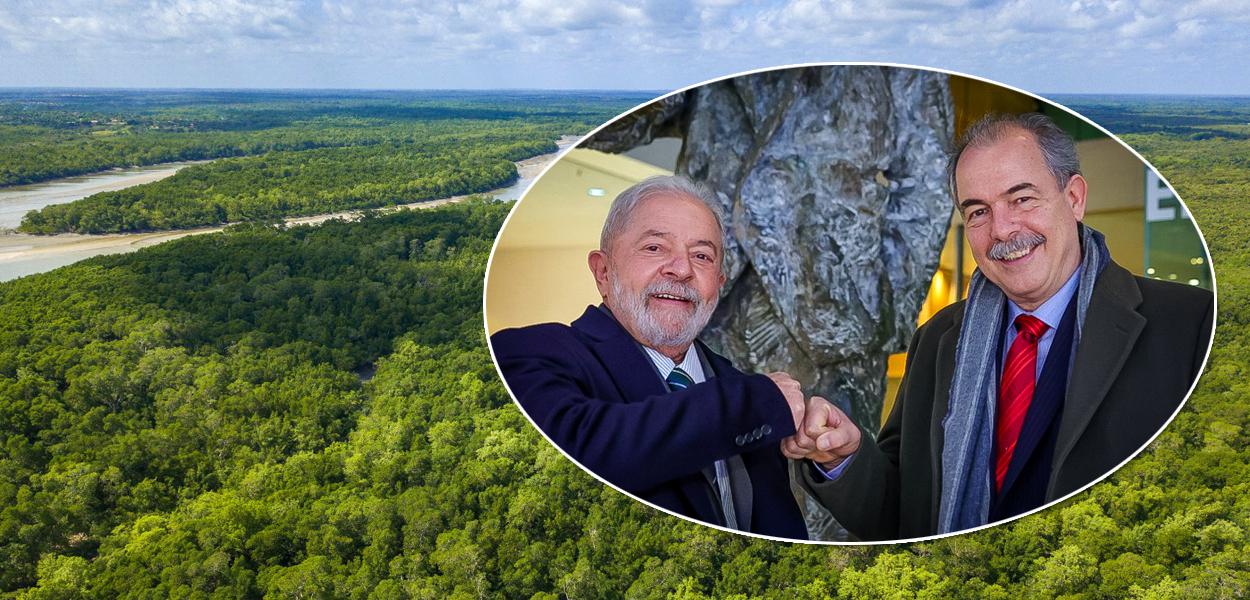 Floresta Amazônica ao fundo e, no círculo, o candidato à Presidência da República Luiz Inácio Lula da Silva e o coordenador do programa de governo do PT, Aloizio Mercadante (gravata vermelha)