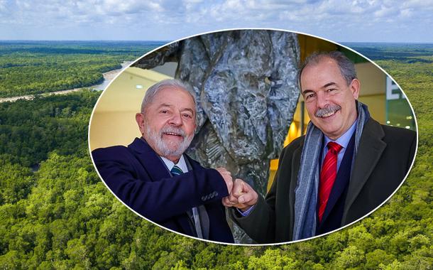 Floresta Amazônica ao fundo e, no círculo, o candidato à Presidência da República Luiz Inácio Lula da Silva e o coordenador do programa de governo do PT, Aloizio Mercadante (gravata vermelha)