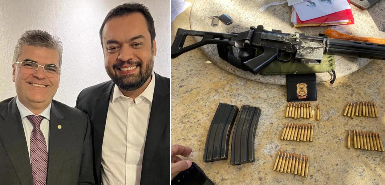 Washington Reis (de óculos, à esq.), candidato a vice do governador do Rio, Cláudio Castro (à dir.) mais um fuzil apreendido pela Polícia Federal