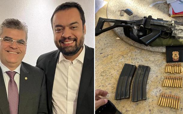 Washington Reis (de óculos, à esq.), candidato a vice do governador do Rio, Cláudio Castro (à dir.) mais um fuzil apreendido pela Polícia Federal