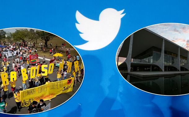 Marca do Twitter (azul), ato contra Jair Bolsonaro e o Palácio do Planalto, onde fica o gabinete da Presidência da República