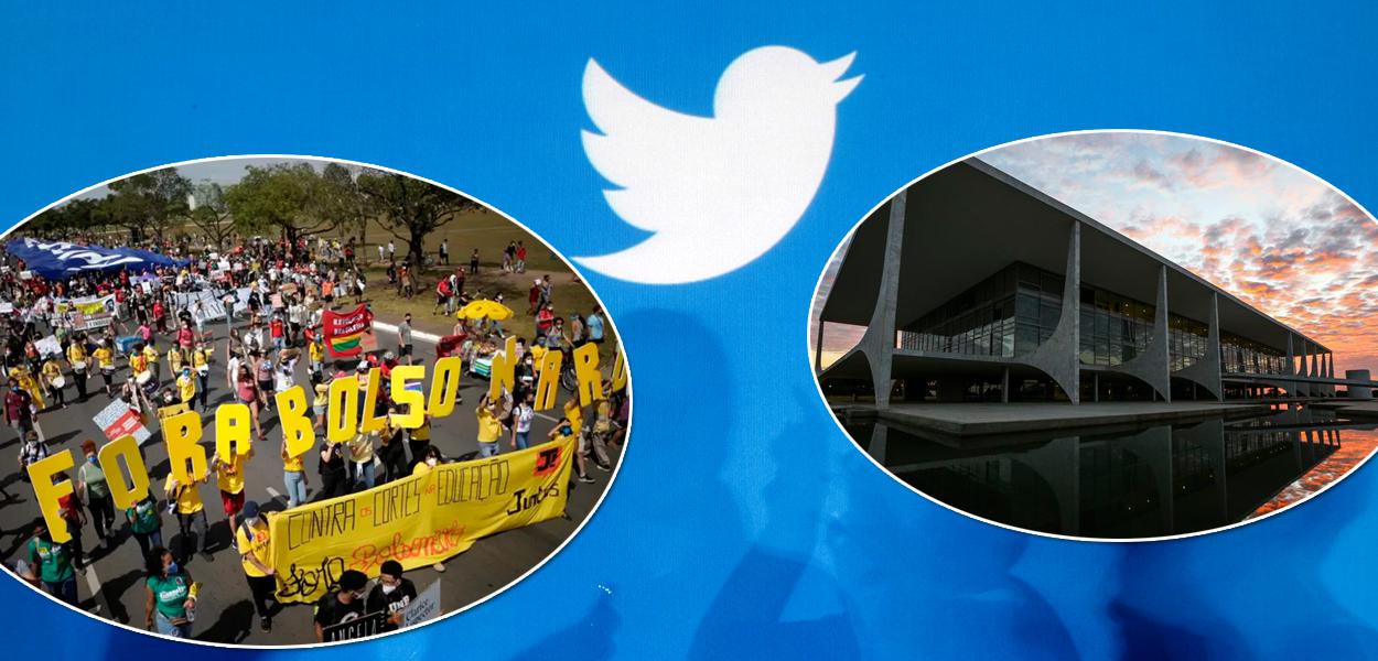 Marca do Twitter (azul), ato contra Jair Bolsonaro e o Palácio do Planalto, onde fica o gabinete da Presidência da República