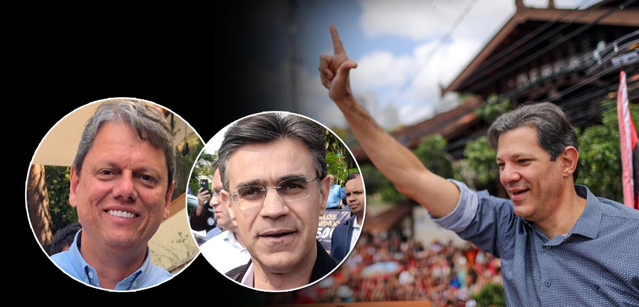 Tarcísio de Freitas (Republicanos), Rodrigo Garcia (PSDB) e Fernando Haddad, do PT (à dir.)
