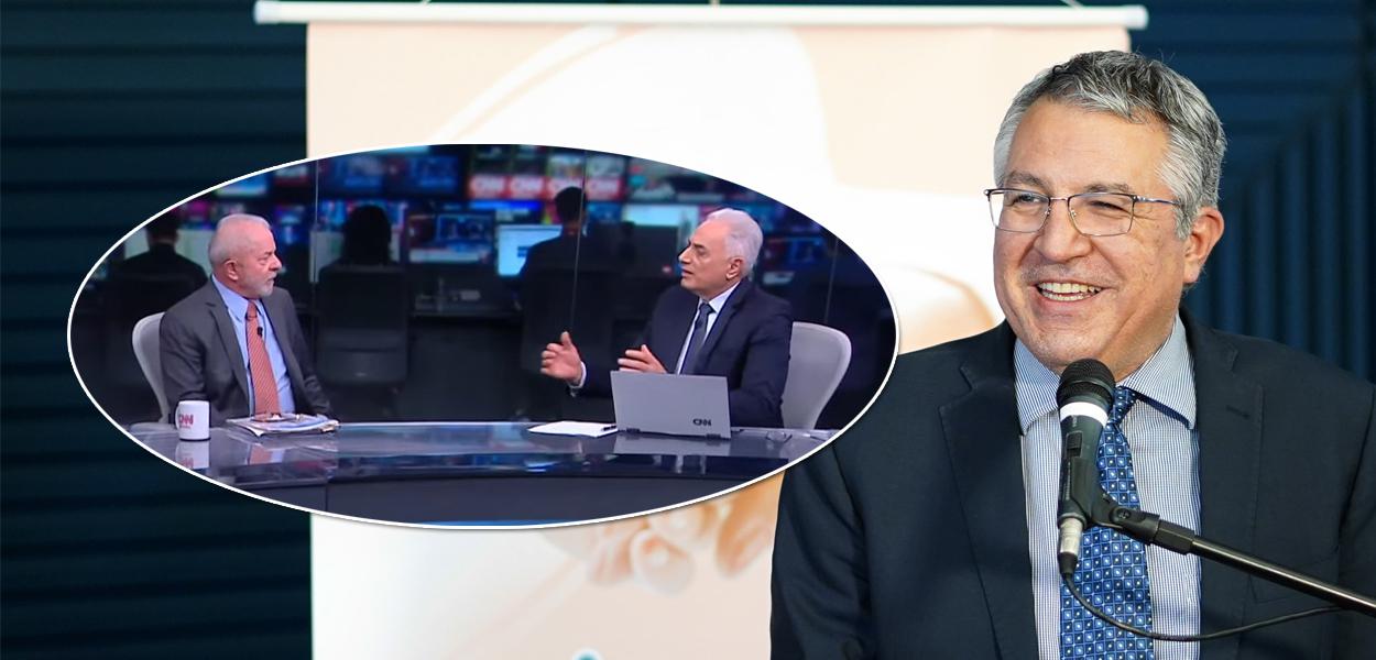 Luiz Inácio Lula da Silva na entrevista com William Waack, da CNN (círculo), e o deputado federal Alexandre Padilha (PT-SP)