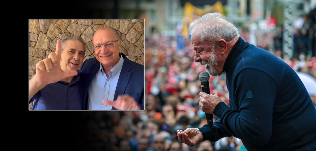 Rubens Furlan com Geraldo Alckimin (no quadradro) e Luiz Inácio Lula da Silva em discurso