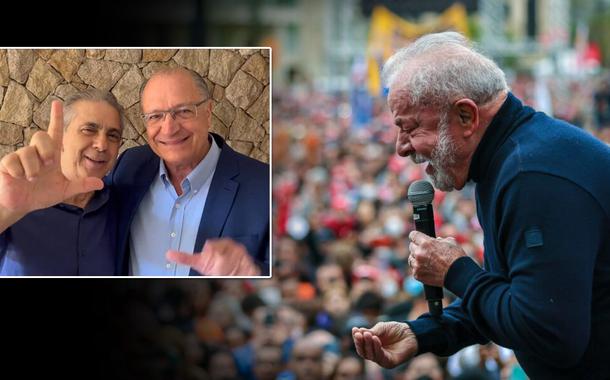 Rubens Furlan com Geraldo Alckimin (no quadradro) e Luiz Inácio Lula da Silva em discurso