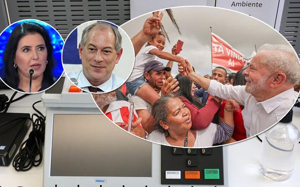 Da esq. para a dir.: Simone Tebet, Ciro Gomes e Luiz Inácio Lula da Silva, e foto de urna eletrônica ao fundo