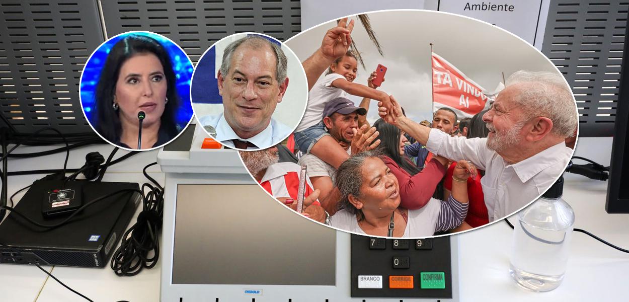 Da esq. para a dir.: Simone Tebet, Ciro Gomes e Luiz Inácio Lula da Silva, e foto de urna eletrônica ao fundo