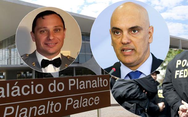 Mauro Cesar Barbosa Cid (à esq.), Alexandre de Moraes, a Polícia Federal e o Planalto (de fundo)