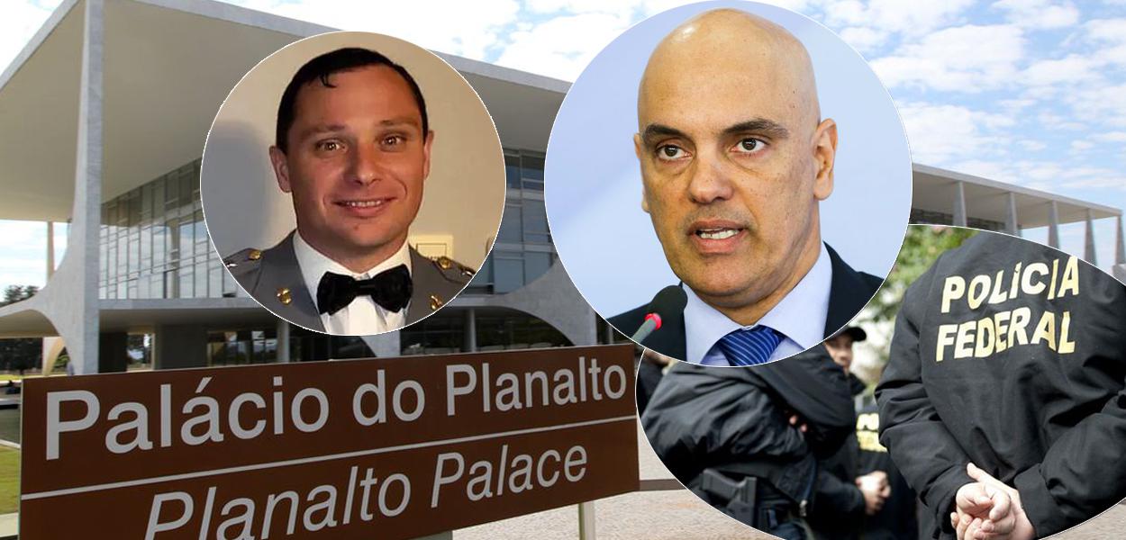 Mauro Cesar Barbosa Cid (à esq.), Alexandre de Moraes, a Polícia Federal e o Planalto (de fundo)