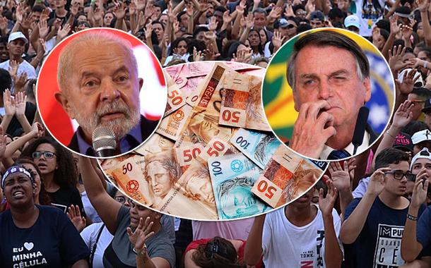 Luiz Inácio Lula da Silva (círculo, à esq.), Jair Bolsonaro mais foto de dinheiro em espécie e religiosos no fundo da montagem