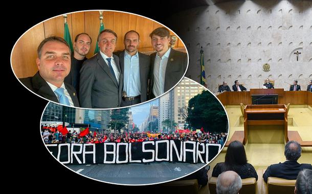 Flávio, Carlos, Jair, Eduardo e Jair Renan Bolsonaro (círculo, em cima), ato pelo impeachment do ocupante do Planalto e a parte interna do STF