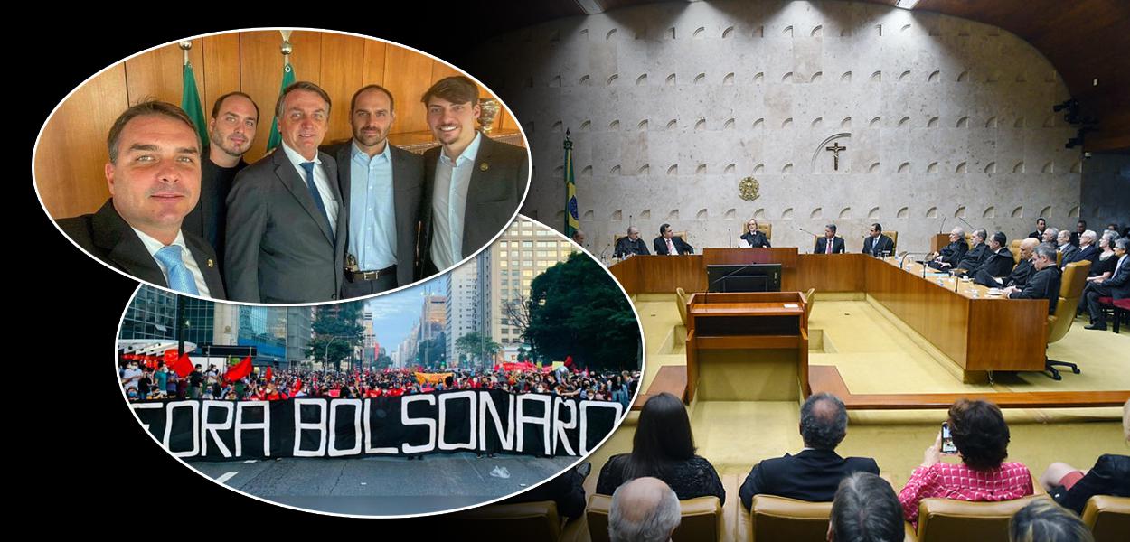 Flávio, Carlos, Jair, Eduardo e Jair Renan Bolsonaro (círculo, em cima), ato pelo impeachment do ocupante do Planalto e a parte interna do STF