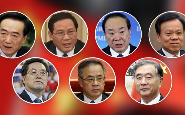 Da esquerda à direita: Chen Quanguo, Li Qiang, Huang Kunming, Chen Miner, Ding Xuexiang, Hu Chunhua, Wang Yang
