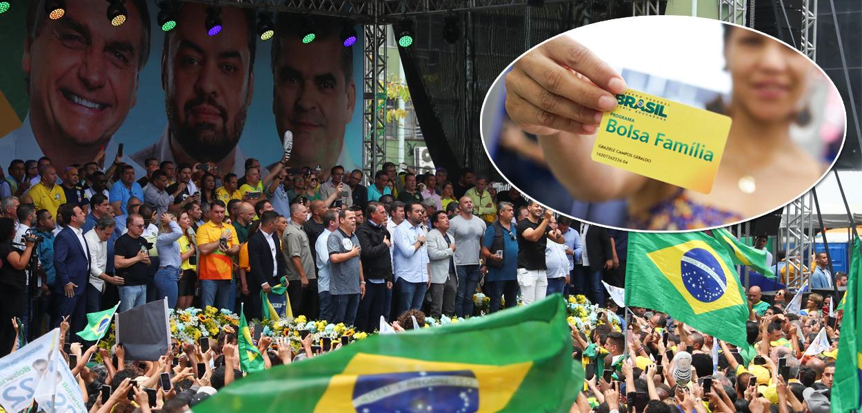 Jair Bolsonaro durante evento em Duque de Caxias e, no círculo, uma criança com o cartão do Bolsa Família