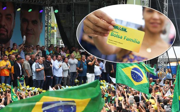 Jair Bolsonaro durante evento em Duque de Caxias e, no círculo, uma criança com o cartão do Bolsa Família