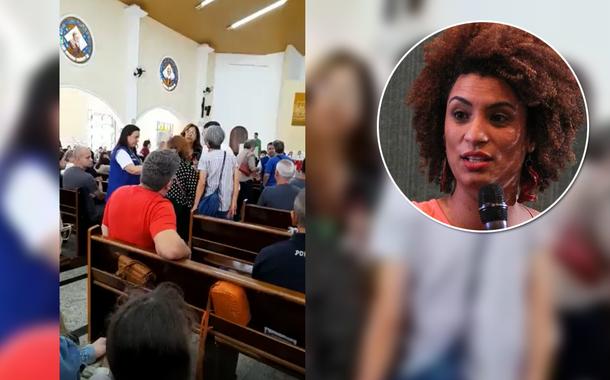 Culto em Jacareí (SP) e a ex-vereadora Marielle Franco (círculo)