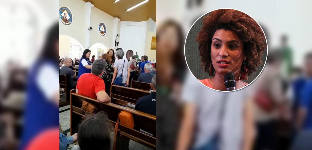 Culto em Jacareí (SP) e a ex-vereadora Marielle Franco (círculo)