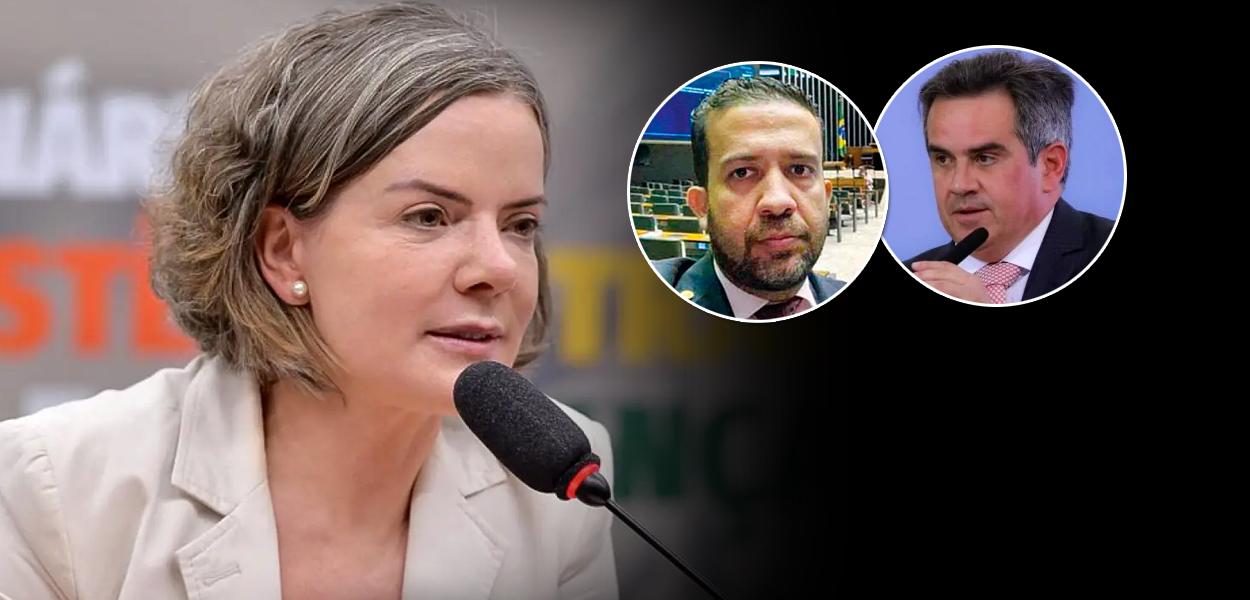 Gleisi Hoffmann, André Janones (meio) e Ciro Nogueira