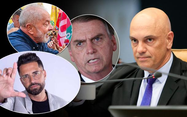 Cantor Latino (círculo embaixo), Luiz Inácio Lula da Silva (círculo em cima, à esq.), Jair Bolsonaro (círculo no meio) e o presidente do TSE, Alexandre de Moraes