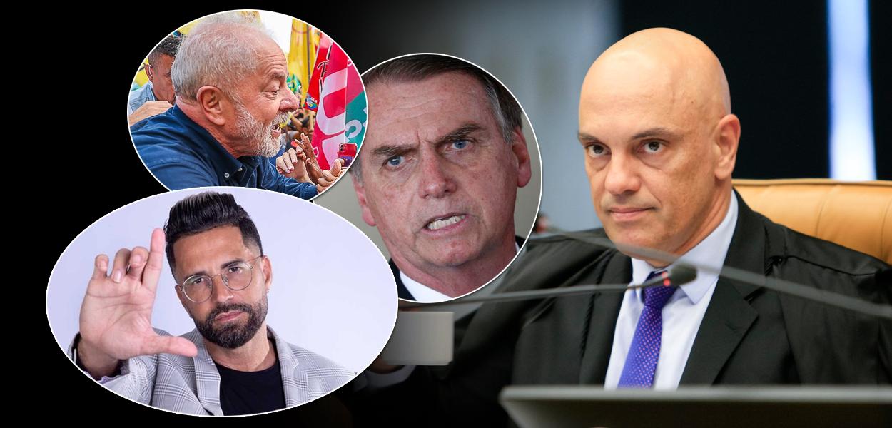 Cantor Latino (círculo embaixo), Luiz Inácio Lula da Silva (círculo em cima, à esq.), Jair Bolsonaro (círculo no meio) e o presidente do TSE, Alexandre de Moraes