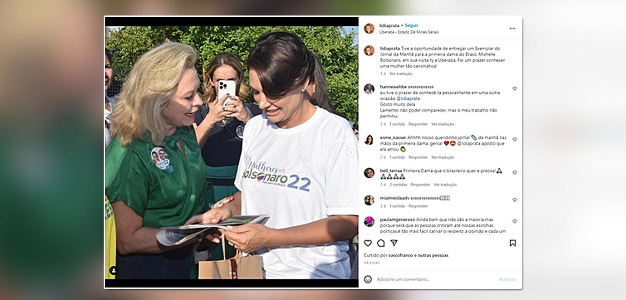 Com adesivo no peito, proprietária da rádio JM Online se encontrou com a primeira dama Michelle Bolsonaro e postou registro nas redes sociais