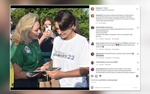 Com adesivo no peito, proprietária da rádio JM Online se encontrou com a primeira dama Michelle Bolsonaro e postou registro nas redes sociais
