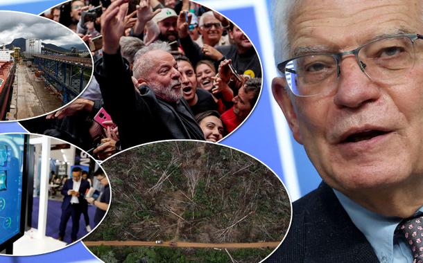 Luiz Inácio Lula da Silva (círculo, à esq.) e Josep Borrel mais três fotos de um porto, do meio ambiente e de um equipamento tecnológico