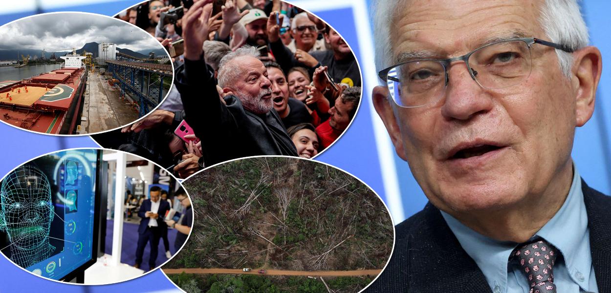 Luiz Inácio Lula da Silva (círculo, à esq.) e Josep Borrel mais três fotos de um porto, do meio ambiente e de um equipamento tecnológico