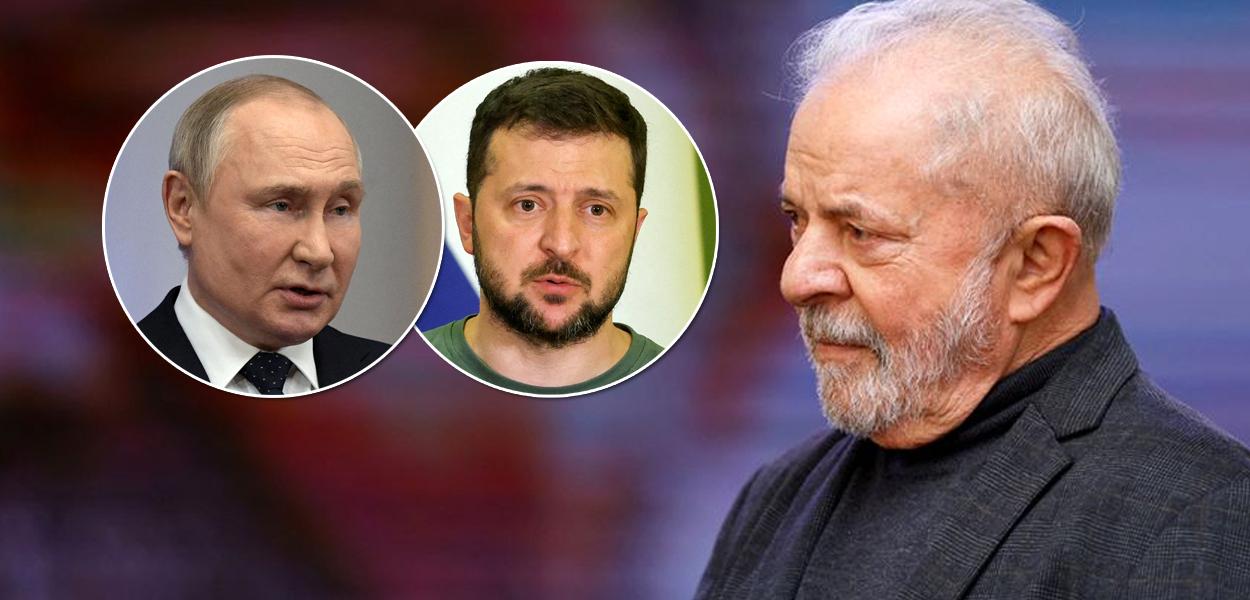 Da esq. para a dir.: Vladimir Putin, Volodymyr Zelensky e Luiz Inácio Lula da Silva