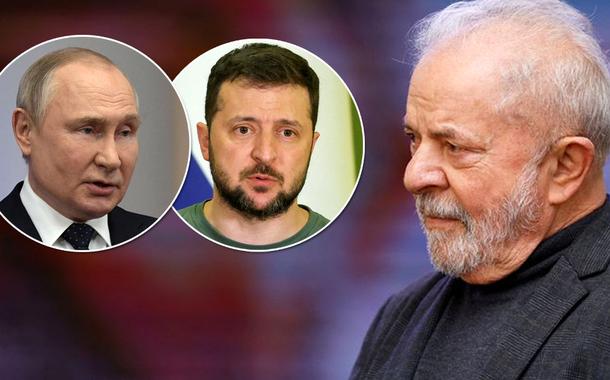 Da esq. para a dir.: Vladimir Putin, Volodymyr Zelensky e Luiz Inácio Lula da Silva